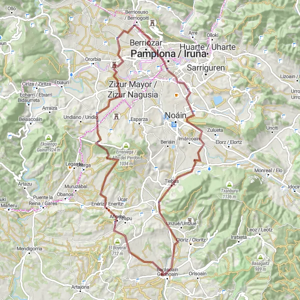 Miniaturní mapa "Gravel Ruta Pamplona: Pamplona a Orkoien" inspirace pro cyklisty v oblasti Comunidad Foral de Navarra, Spain. Vytvořeno pomocí plánovače tras Tarmacs.app