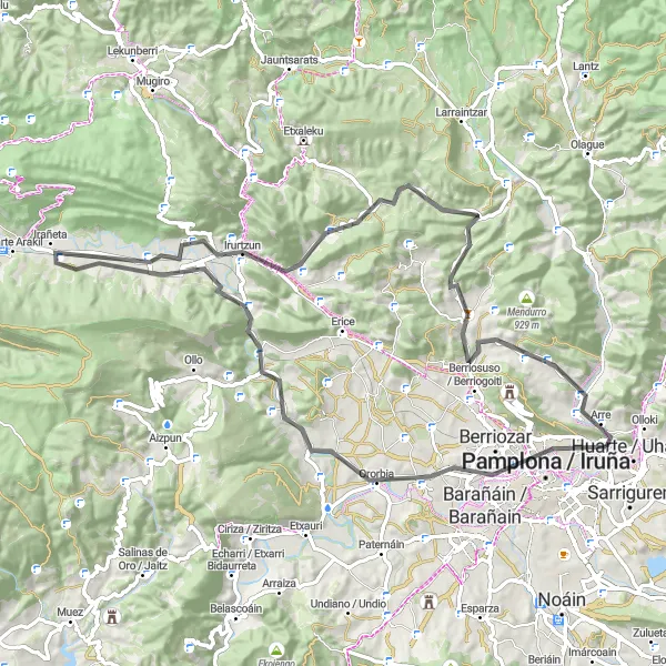 Miniaturní mapa "Výlet kolem Pamplony a okolí" inspirace pro cyklisty v oblasti Comunidad Foral de Navarra, Spain. Vytvořeno pomocí plánovače tras Tarmacs.app