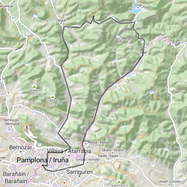 Miniatura della mappa di ispirazione al ciclismo "Avventura su strada attraverso Villava e Zubiri" nella regione di Comunidad Foral de Navarra, Spain. Generata da Tarmacs.app, pianificatore di rotte ciclistiche