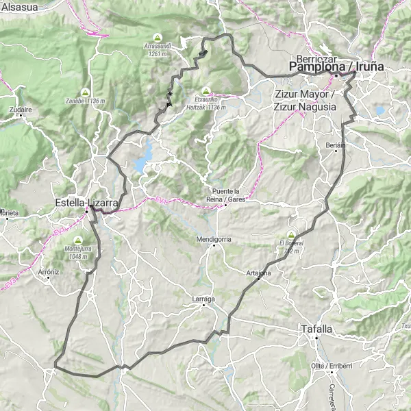 Karten-Miniaturansicht der Radinspiration "Straßenrundkurs von Pamplona" in Comunidad Foral de Navarra, Spain. Erstellt vom Tarmacs.app-Routenplaner für Radtouren