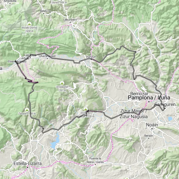 Miniature de la carte de l'inspiration cycliste "Zizur Mayor - Lizarraga - Etxarren Loop" dans la Comunidad Foral de Navarra, Spain. Générée par le planificateur d'itinéraire cycliste Tarmacs.app
