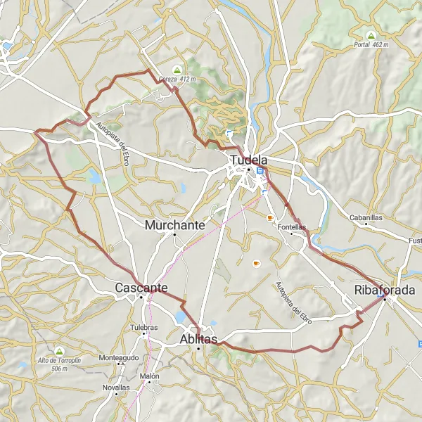 Miniatura della mappa di ispirazione al ciclismo "Castillo de Ablitas - Cascante - Tudela" nella regione di Comunidad Foral de Navarra, Spain. Generata da Tarmacs.app, pianificatore di rotte ciclistiche