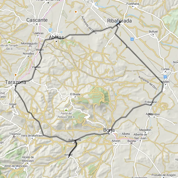 Miniaturní mapa "Podél historických měst kolem Ribaforady" inspirace pro cyklisty v oblasti Comunidad Foral de Navarra, Spain. Vytvořeno pomocí plánovače tras Tarmacs.app