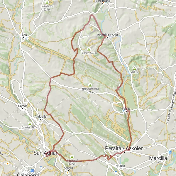Map miniature of "San Adrián - Unson - Miranda de Arga - Cotilla - Vallacuera - Peralta / Azkoien - El Espartal - San Adrián" cycling inspiration in Comunidad Foral de Navarra, Spain. Generated by Tarmacs.app cycling route planner