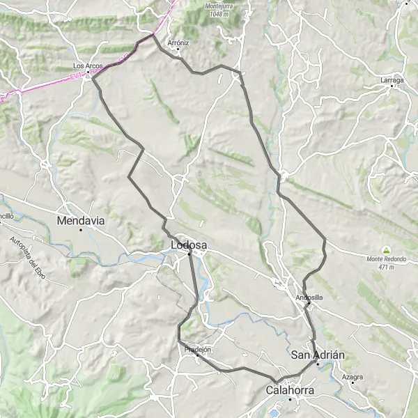 Miniatura della mappa di ispirazione al ciclismo "Itinerario ciclistico tra Pradejón e Los Arcos" nella regione di Comunidad Foral de Navarra, Spain. Generata da Tarmacs.app, pianificatore di rotte ciclistiche