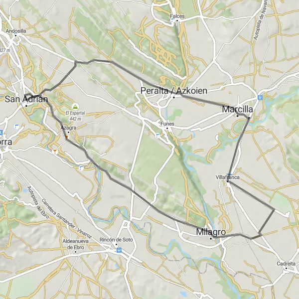 Miniaturní mapa "Okružní cyklostezka kolem San Adrián" inspirace pro cyklisty v oblasti Comunidad Foral de Navarra, Spain. Vytvořeno pomocí plánovače tras Tarmacs.app