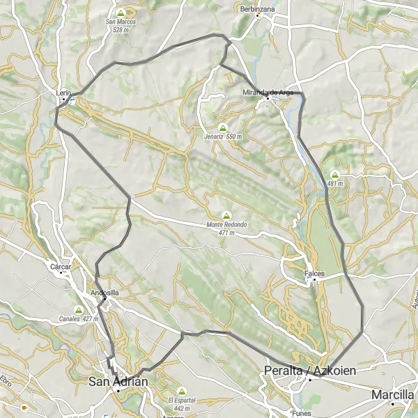 Map miniature of "San Adrián - Andosilla - Lerín - Cascajo - Vergalijo - Peralta / Azkoien - Vallacuera - El Ontinar - San Adrián" cycling inspiration in Comunidad Foral de Navarra, Spain. Generated by Tarmacs.app cycling route planner