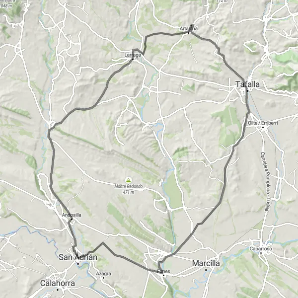 Miniatura della mappa di ispirazione al ciclismo "Rotta Stradale attraverso Peralta e Tafalla" nella regione di Comunidad Foral de Navarra, Spain. Generata da Tarmacs.app, pianificatore di rotte ciclistiche