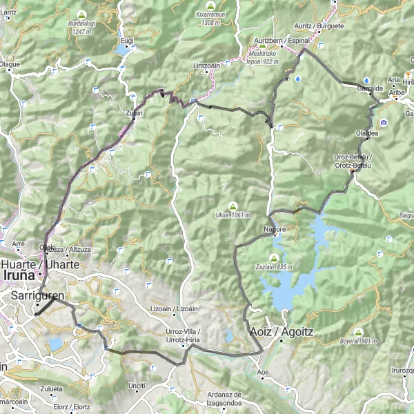 Miniatua del mapa de inspiración ciclista "Ruta en Bicicleta de Carretera desde Sarriguren" en Comunidad Foral de Navarra, Spain. Generado por Tarmacs.app planificador de rutas ciclistas