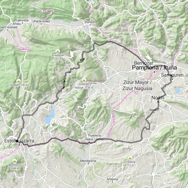 Map miniature of "Sarriguren - Irigarai Circuit" cycling inspiration in Comunidad Foral de Navarra, Spain. Generated by Tarmacs.app cycling route planner