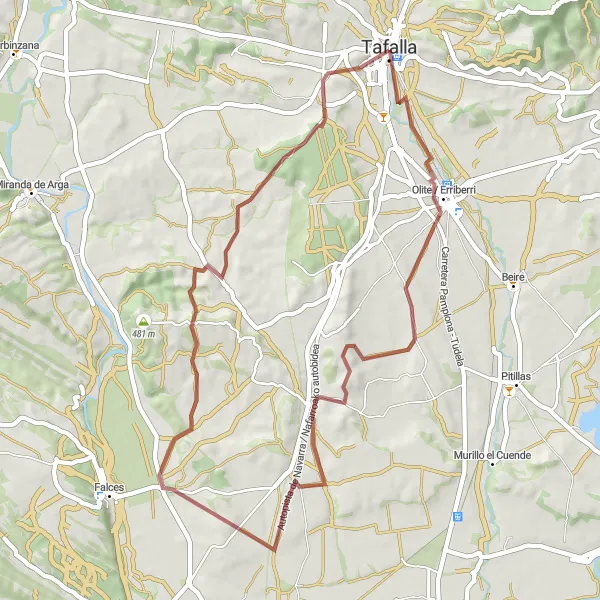 Miniatura della mappa di ispirazione al ciclismo "Rural Gravel Adventure" nella regione di Comunidad Foral de Navarra, Spain. Generata da Tarmacs.app, pianificatore di rotte ciclistiche