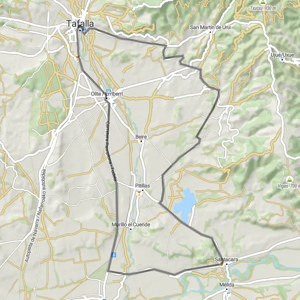 Map miniature of "A Road Cycling Paradise: Tafalla to Olite" cycling inspiration in Comunidad Foral de Navarra, Spain. Generated by Tarmacs.app cycling route planner