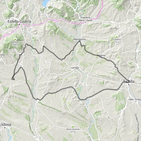 Miniatura della mappa di ispirazione al ciclismo "Giro in bici da Tafalla a Miranda de Arga e ritorno" nella regione di Comunidad Foral de Navarra, Spain. Generata da Tarmacs.app, pianificatore di rotte ciclistiche