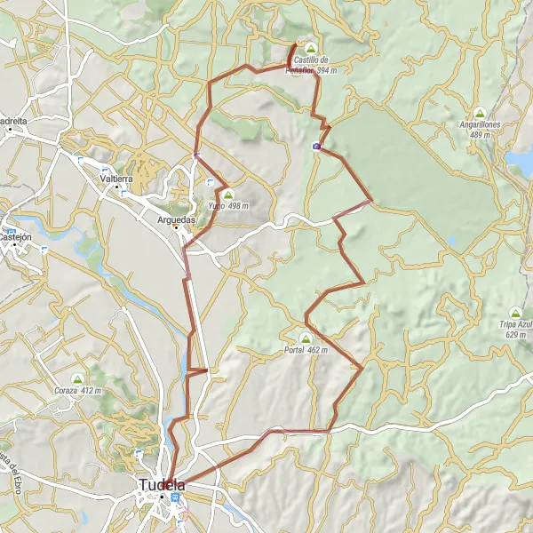 Miniature de la carte de l'inspiration cycliste "La Route des Châteaux en Gravel autour de Tudela" dans la Comunidad Foral de Navarra, Spain. Générée par le planificateur d'itinéraire cycliste Tarmacs.app