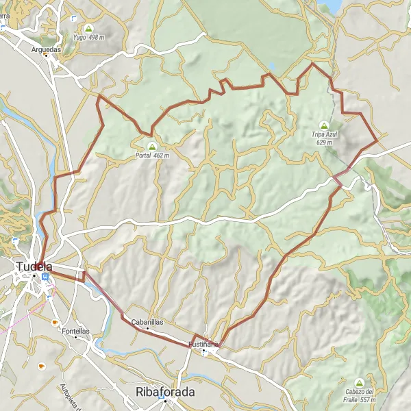 Miniatua del mapa de inspiración ciclista "Ruta en bici de gravel: Tudela - Portal - Cabezo de la Nasa - San Antón - Fustiñana" en Comunidad Foral de Navarra, Spain. Generado por Tarmacs.app planificador de rutas ciclistas