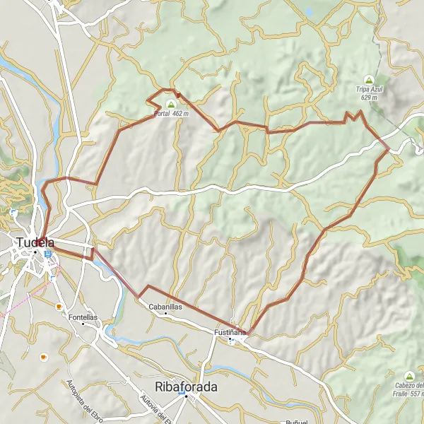 Miniatua del mapa de inspiración ciclista "Ruta en bici de gravel: Tudela - Cabezo Balsaforada - Panchín - Fustiñana" en Comunidad Foral de Navarra, Spain. Generado por Tarmacs.app planificador de rutas ciclistas