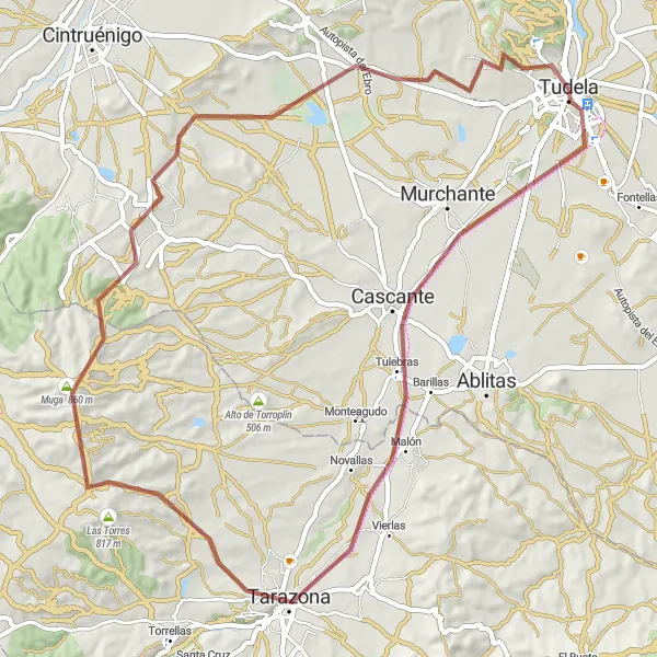 Map miniature of "Scenic Gravel Ride to Malón and Tarazona" cycling inspiration in Comunidad Foral de Navarra, Spain. Generated by Tarmacs.app cycling route planner