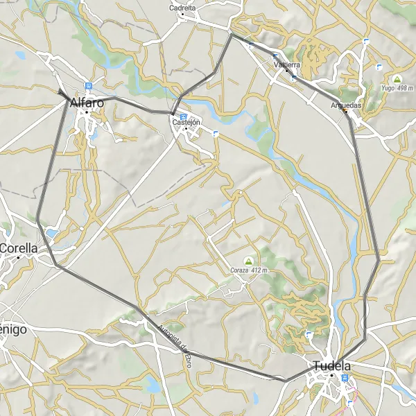 Miniatura della mappa di ispirazione al ciclismo "Giro in bicicletta Tudela - Arguedas" nella regione di Comunidad Foral de Navarra, Spain. Generata da Tarmacs.app, pianificatore di rotte ciclistiche