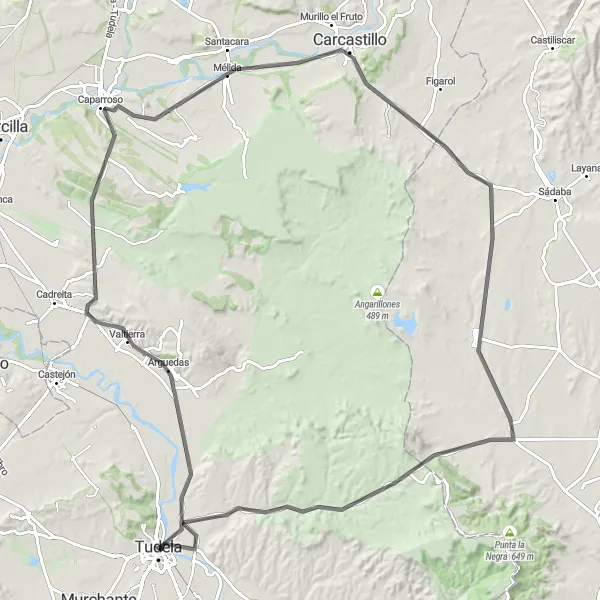 Miniatua del mapa de inspiración ciclista "Ruta en bicicleta de carretera cerca de Tudela" en Comunidad Foral de Navarra, Spain. Generado por Tarmacs.app planificador de rutas ciclistas