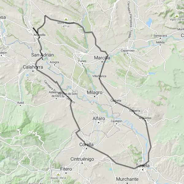 Miniatua del mapa de inspiración ciclista "Ruta en bicicleta de carretera cerca de Tudela" en Comunidad Foral de Navarra, Spain. Generado por Tarmacs.app planificador de rutas ciclistas