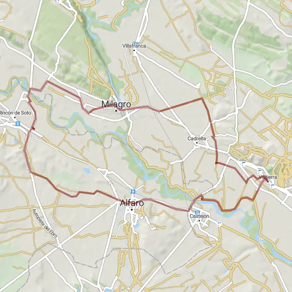 Miniaturní mapa "Gravelová trasa kolem Valtierry" inspirace pro cyklisty v oblasti Comunidad Foral de Navarra, Spain. Vytvořeno pomocí plánovače tras Tarmacs.app