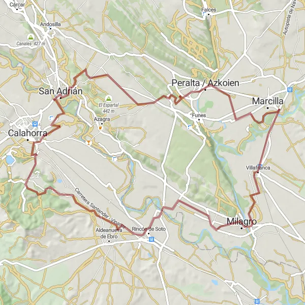 Miniatura della mappa di ispirazione al ciclismo "Giro in bicicletta attraverso le belle campagne vicino a Villafranca" nella regione di Comunidad Foral de Navarra, Spain. Generata da Tarmacs.app, pianificatore di rotte ciclistiche