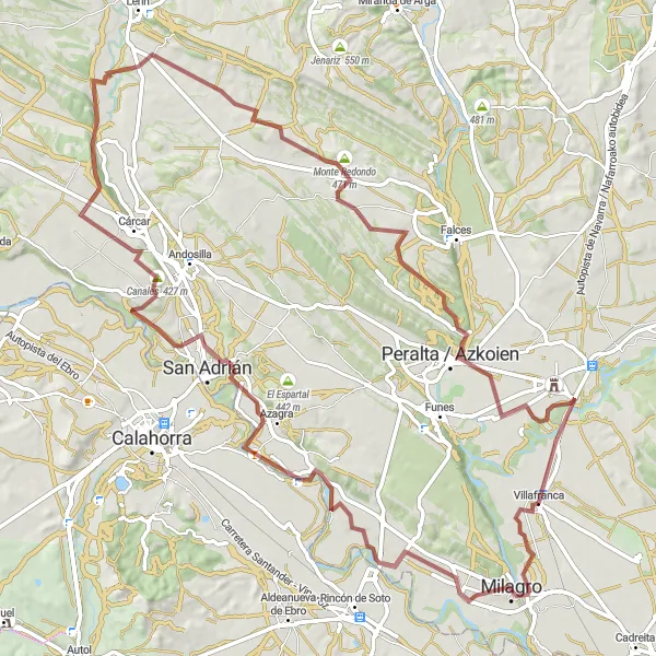 Miniaturní mapa "Gravelový okruh kolem Villafranca" inspirace pro cyklisty v oblasti Comunidad Foral de Navarra, Spain. Vytvořeno pomocí plánovače tras Tarmacs.app