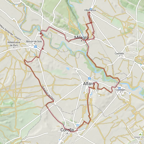 Miniaturní mapa "Gravelová cyklotrasa přes Villafranca, Mirador del Castillo, Alfaro, Corella, Milagro" inspirace pro cyklisty v oblasti Comunidad Foral de Navarra, Spain. Vytvořeno pomocí plánovače tras Tarmacs.app