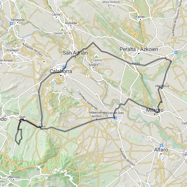 Miniatura della mappa di ispirazione al ciclismo "Giro in bici da Villafranca a Milagro" nella regione di Comunidad Foral de Navarra, Spain. Generata da Tarmacs.app, pianificatore di rotte ciclistiche