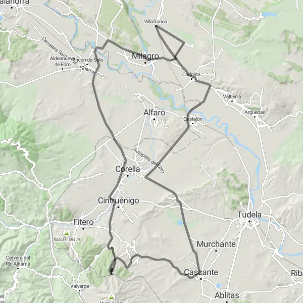 Miniaturní mapa "Okruh kolem Villafranca" inspirace pro cyklisty v oblasti Comunidad Foral de Navarra, Spain. Vytvořeno pomocí plánovače tras Tarmacs.app