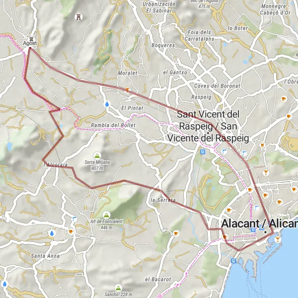 Map miniature of "Gravel Route through Agost and Surroundings" cycling inspiration in Comunitat Valenciana, Spain. Generated by Tarmacs.app cycling route planner