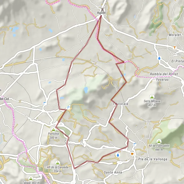 Miniaturní mapa "Gravelový okruh poblíž Agostu" inspirace pro cyklisty v oblasti Comunitat Valenciana, Spain. Vytvořeno pomocí plánovače tras Tarmacs.app