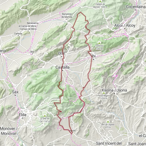 Miniaturní mapa "Náročný gravelový okruh kolem Agostu" inspirace pro cyklisty v oblasti Comunitat Valenciana, Spain. Vytvořeno pomocí plánovače tras Tarmacs.app