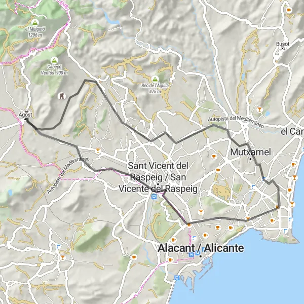 Map miniature of "Road Cycling Adventure to Mutxamel" cycling inspiration in Comunitat Valenciana, Spain. Generated by Tarmacs.app cycling route planner