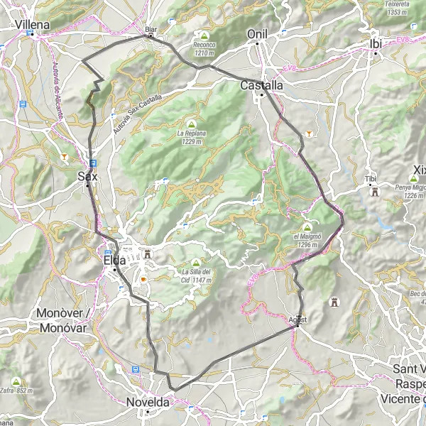 Miniatuurkaart van de fietsinspiratie "De uitdagende route van Agost" in Comunitat Valenciana, Spain. Gemaakt door de Tarmacs.app fietsrouteplanner