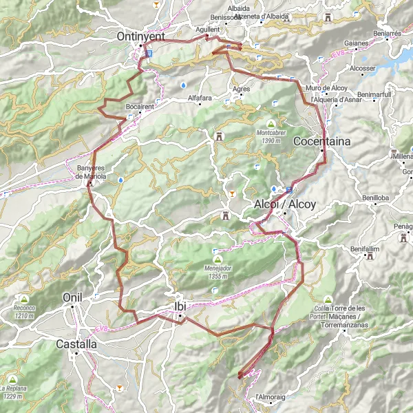 Miniatua del mapa de inspiración ciclista "Ruta en bicicleta de grava cerca de Agullent" en Comunitat Valenciana, Spain. Generado por Tarmacs.app planificador de rutas ciclistas
