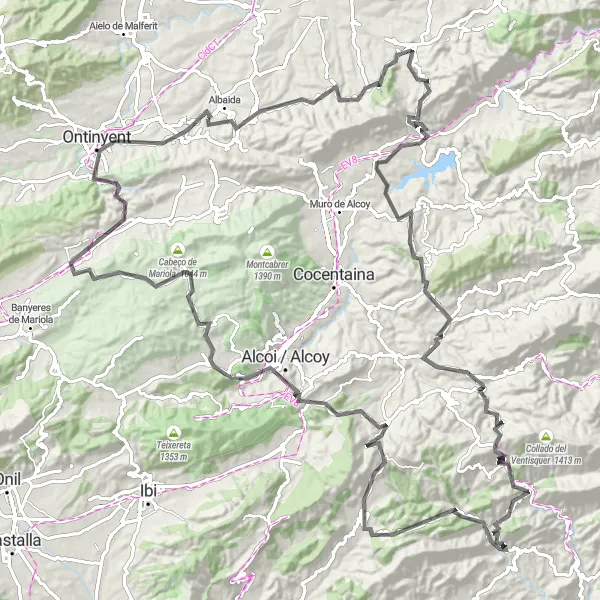 Miniatura della mappa di ispirazione al ciclismo "Agullent - Highlighting the Valencian Countryside" nella regione di Comunitat Valenciana, Spain. Generata da Tarmacs.app, pianificatore di rotte ciclistiche