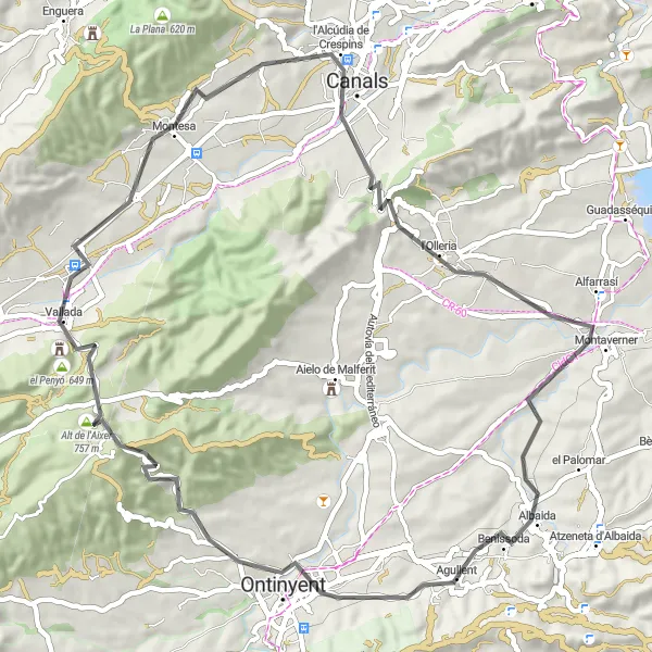 Miniatuurkaart van de fietsinspiratie "Rondrit naar Ontinyent en l'Alcúdia de Crespins" in Comunitat Valenciana, Spain. Gemaakt door de Tarmacs.app fietsrouteplanner