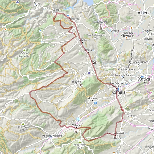 Miniatura della mappa di ispirazione al ciclismo "Avventura in Gravel da Aielo de Malferit a L'Alcúdia de Crespins" nella regione di Comunitat Valenciana, Spain. Generata da Tarmacs.app, pianificatore di rotte ciclistiche