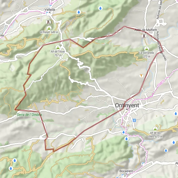 Miniatua del mapa de inspiración ciclista "Ruta en bicicleta de gravilla desde Aielo de Malferit a Ontinyent y el Alt de l'Aixer" en Comunitat Valenciana, Spain. Generado por Tarmacs.app planificador de rutas ciclistas