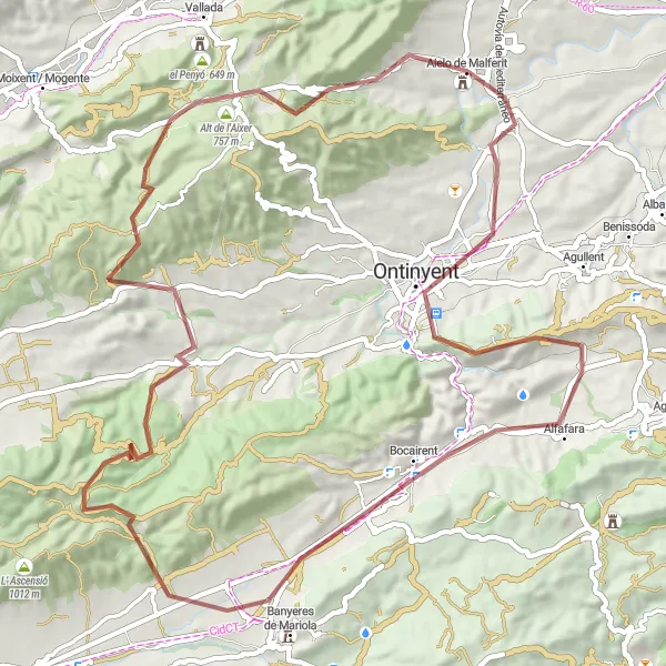 Miniatua del mapa de inspiración ciclista "Ruta en bicicleta de gravilla de Aielo de Malferit a Ontinyent, Bocairent y más" en Comunitat Valenciana, Spain. Generado por Tarmacs.app planificador de rutas ciclistas