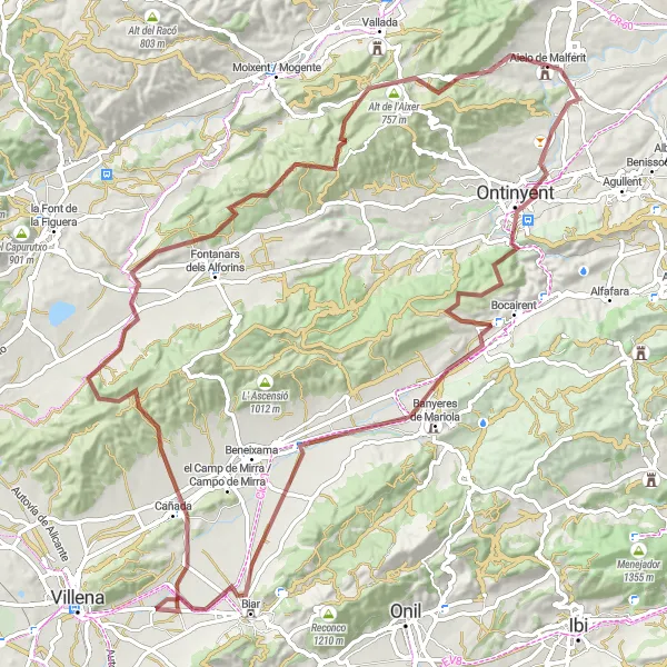 Miniatua del mapa de inspiración ciclista "Aventura en bicicleta de gravilla por Ontinyent, Biar y más desde Aielo de Malferit" en Comunitat Valenciana, Spain. Generado por Tarmacs.app planificador de rutas ciclistas