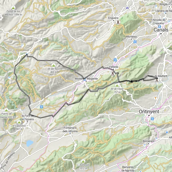 Miniature de la carte de l'inspiration cycliste "Tour des Châteaux Maures" dans la Comunitat Valenciana, Spain. Générée par le planificateur d'itinéraire cycliste Tarmacs.app
