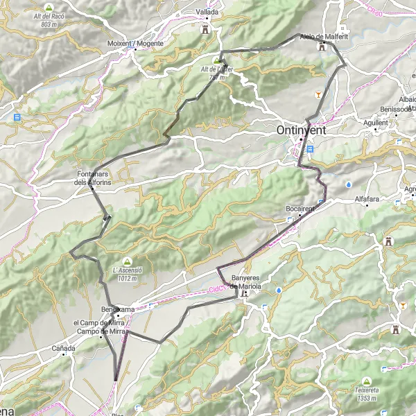 Miniatua del mapa de inspiración ciclista "Aventura en bicicleta de carretera desde Aielo de Malferit a Ontinyent y más" en Comunitat Valenciana, Spain. Generado por Tarmacs.app planificador de rutas ciclistas