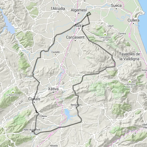 Miniatua del mapa de inspiración ciclista "Ruta de Ciclismo en Aielo de Malferit y Alrededores" en Comunitat Valenciana, Spain. Generado por Tarmacs.app planificador de rutas ciclistas
