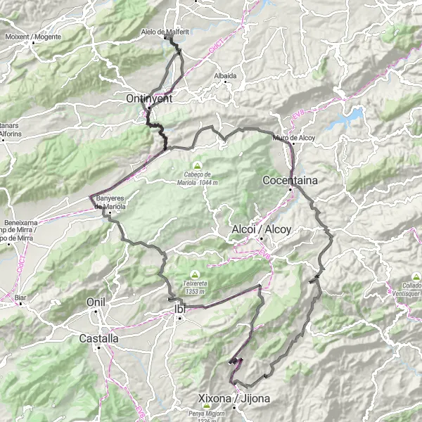 Map miniature of "Aielo de Malferit - Ontinyent - Agres - Benifallim - Aielo de Malferit" cycling inspiration in Comunitat Valenciana, Spain. Generated by Tarmacs.app cycling route planner