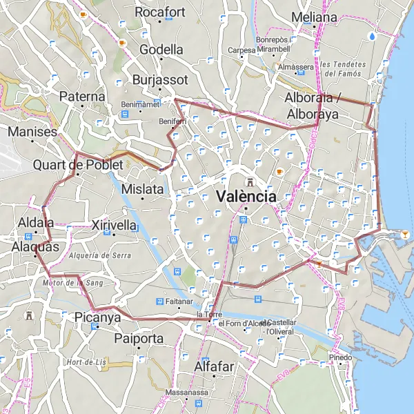 Miniatura della mappa di ispirazione al ciclismo "Rotta ciclabile in sterrato da Alaquàs a Picanya" nella regione di Comunitat Valenciana, Spain. Generata da Tarmacs.app, pianificatore di rotte ciclistiche