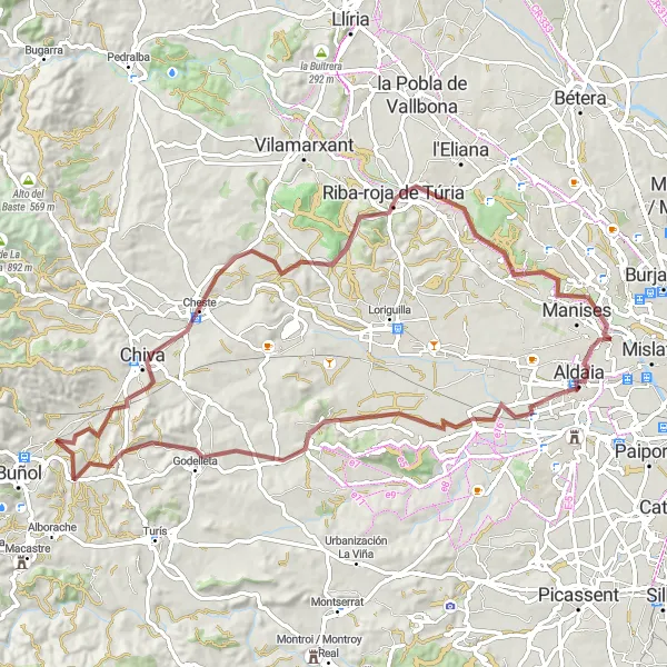 Miniatua del mapa de inspiración ciclista "Ruta de gravel desde Alaquàs hasta Riba-roja de Túria" en Comunitat Valenciana, Spain. Generado por Tarmacs.app planificador de rutas ciclistas