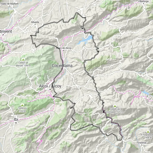 Miniaturekort af cykelinspirationen "Udfordrende landevejscykelrute fra Albaida til omkringliggende områder" i Comunitat Valenciana, Spain. Genereret af Tarmacs.app cykelruteplanlægger