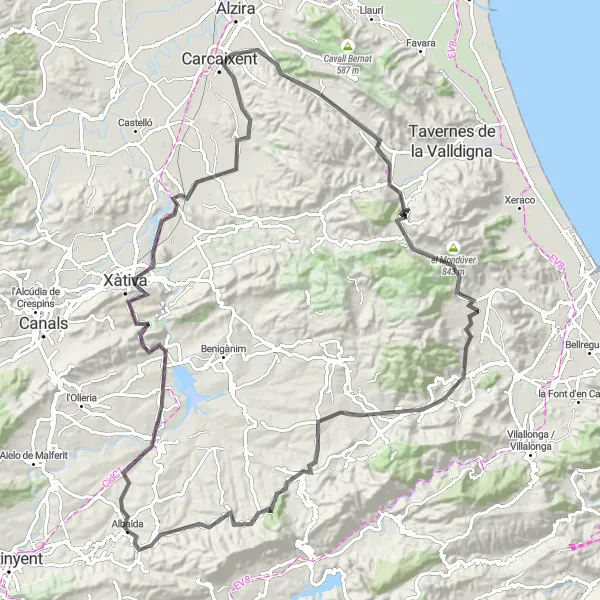 Map miniature of "Epic Road Cycling Tour near Albaida" cycling inspiration in Comunitat Valenciana, Spain. Generated by Tarmacs.app cycling route planner